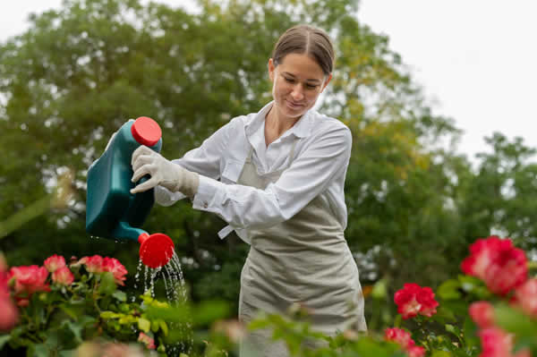 woman watering plants outdoor with a watering can
