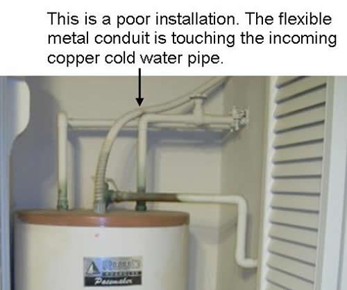 flexible metal conduit touching copper water pipe