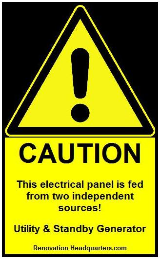 electrical panel warning label for standby generator