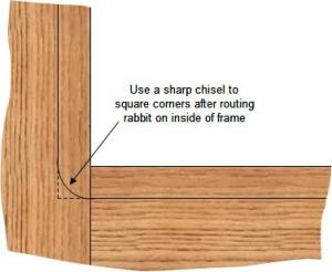 Use a sharp chisel to square corners after routing rabbit on inside of the glass doorframe.