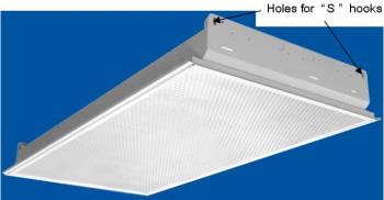 Lay-in fluorescent light fixture with holes for <q>S</q> hooks.