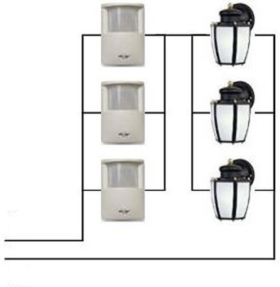 schematic wiring diagram for multiple motion detectors with 120VAC lighting
