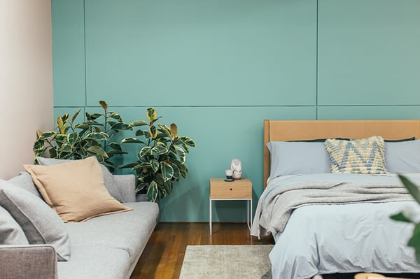 bedroom with bed, plant and sofa