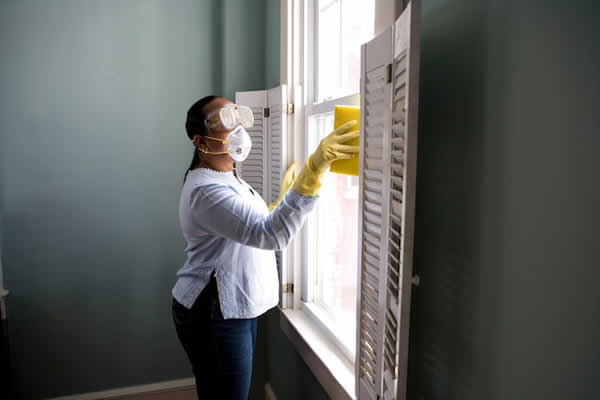 woman with mask on washing windows with a sponge