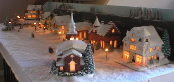 Christmas village finished shows back of church and all other buildings