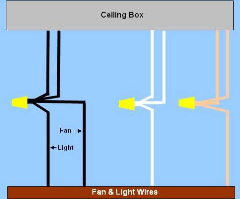 Wiring Diagram For Ceiling Fan & Light, Power Enters At Ceiling Box - Circuit Continues On - No Wall Switches