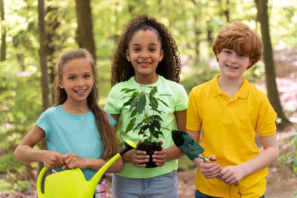 3 kids holding gardening products