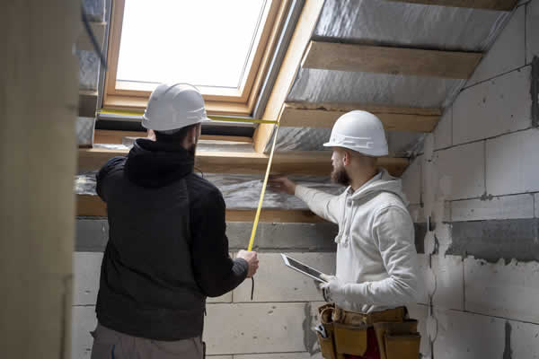 2 men looking at rough-in for skylight construction