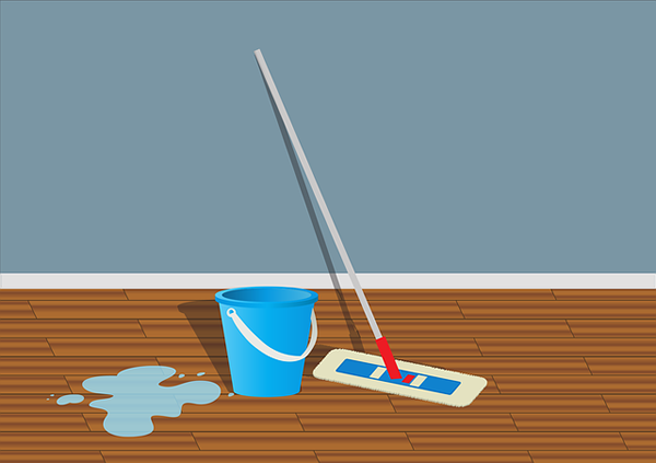 water on floor with mop and pail