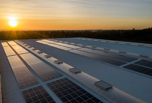 sun rising over a large roof covered in solar panels