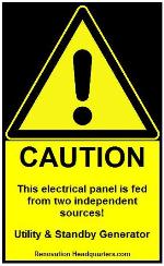 Standby generator electrical panel warning label.