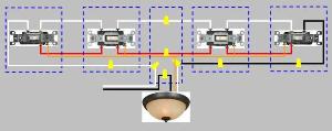 4-Way Switch Wiring Diagram:  Power enters at light fixture and proceeds to 3- way and 4- way switches in opposite directions.