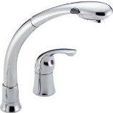 High spout kitchen faucet with pull-out sprayer.