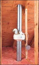 Installation of dryer vent booster fan in attic.