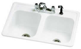 Drop-in double bowl, porcelain enameled kitchen sink with drill holes for faucets and accessories